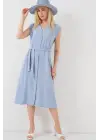 Sıfır Kol Kuşaklı Ayrobin Elbise 2568 - Mavi