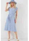 Sıfır Kol Kuşaklı Ayrobin Elbise 2568 - Mavi