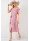 Sıfır Kol Kuşaklı Ayrobin Elbise 2568 - Pudra