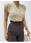 Sıfır Kol Vatkalı Kruvaze Model Sandy Bluz -Bej