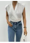 Sıfır Kol Vatkalı Kruvaze Model Sandy Bluz -Beyaz