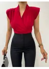 Sıfır Kol Vatkalı Kruvaze Model Sandy Bluz -Bordo