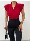 Sıfır Kol Vatkalı Kruvaze Model Sandy Bluz -Bordo