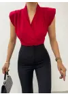 Sıfır Kol Vatkalı Kruvaze Model Sandy Bluz -Bordo