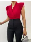 Sıfır Kol Vatkalı Kruvaze Model Sandy Bluz -Bordo