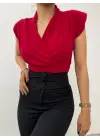 Sıfır Kol Vatkalı Kruvaze Model Sandy Bluz -Bordo