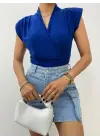Sıfır Kol Vatkalı Kruvaze Model Sandy Bluz -Saks
