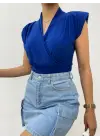 Sıfır Kol Vatkalı Kruvaze Model Sandy Bluz -Saks