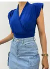 Sıfır Kol Vatkalı Kruvaze Model Sandy Bluz -Saks