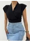 Sıfır Kol Vatkalı Kruvaze Model Sandy Bluz -Siyah