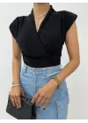 Omarı Şık Vatkalı Kruvaze Model Siyah Bluz