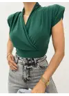 Sıfır Kol Vatkalı Kruvaze Model Sandy Bluz -Zümrüt