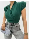 Sıfır Kol Vatkalı Kruvaze Model Sandy Bluz -Zümrüt