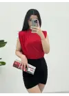Omarı Sıfır Kol Vatkalı Kırmızı Bluz