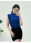 Omarı Sıfır Kol Vatkalı Kadın Bluzu - Deniz Mavisi