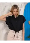 Sıfır kollu bağlamalı crop gömlek siyah s255359