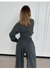 Omarı Önü İp Detaylı Crop ve Pantolon İkili Takım - Antrasit