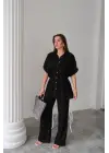 Omarı Şık Belden Büzgü Detaylı Takım - Siyah