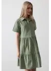 Omarı Şık Kısa Kol Elbise - Haki