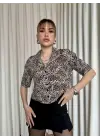 Omarı Leopar Desenli Etkileyici Crop Gömlek