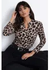 Şık Leopar Desenli V Yakalı Kadın Bluz