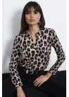Şık Leopar Desenli V Yakalı Kadın Bluz