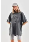Omarı Oversize Taş Desenli Unisex T-Shirt - Füme