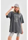 Omarı Oversize Taş Desenli Unisex T-Shirt - Füme