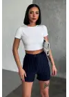 Omarı Yüksek Bel Esnek Çizgili Şort Lacivert