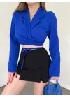 Sırt Dekolteli Beli Bağcıklı Crop Ceket -Saks