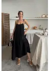Siyah Askılı Müslin Elbise