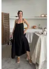 Siyah Askılı Müslin Elbise