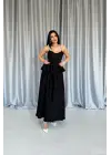 Omarı İnci Askılı Uzun Elbise - Siyah Beli Büzgülü Özel Tasarım