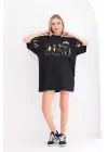 Omarı Siyah Baskılı Oversize Unisex Bisiklet Yaka T-Shirt