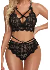 Omarı İnce Detaylı Siyah Çapraz İp Sütyen Külot Takımı