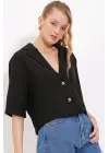 Siyah Çift Düğmeli Oversize Crop Keten Ceket 0706