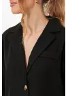 Siyah Çift Düğmeli Oversize Crop Keten Ceket 0706