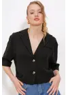 Siyah Çift Düğmeli Oversize Crop Keten Ceket 0706
