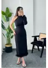 Omarı Tek Kol Siyah Tül Elbise