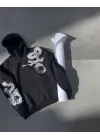 Omarı Siyah Kapşonlu Baskılı Sweatshirt