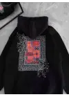 Omarı Siyah Uzun Kol Kapşonlu Baskılı Sweatshirt