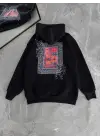 Omarı Siyah Uzun Kol Kapşonlu Baskılı Sweatshirt