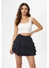 Siyah Katlı Mini Fırfıtlı Etek Lastikli Yüksel Bel, Volanlı Tasarım, Rahat Kalıp, Günlük Ve Şık Kombinelere Uygun Yazlık Etek - Siyah