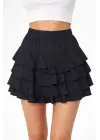 Siyah Katlı Mini Fırfıtlı Etek Lastikli Yüksel Bel, Volanlı Tasarım, Rahat Kalıp, Günlük Ve Şık Kombinelere Uygun Yazlık Etek - Siyah