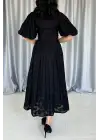 Siyah Kemerli Balon Kollu Elbise