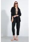 Siyah Oversize Keten Alt Üst Takım 6622
