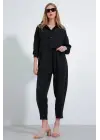 Siyah Oversize Keten Alt Üst Takım 6622