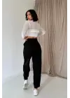 Omarı Lastik Detaylı Siyah Pantolon