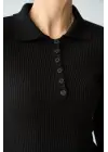 Omarı Siyah Polo Yaka Kazak Düğme Detaylı