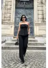 Siyah Straplez Düğmeli Crop Ve Pantolon Takım